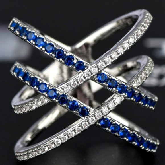 925 Silver Blue White Micro Pave Cross MultiLayer Ring for Women, VIP114 - Picture 1 of 6